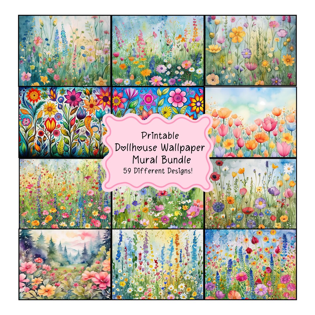 Dollhouse Wallpaper Bundle, Miniature Wall Mural Wallpaper, Printable