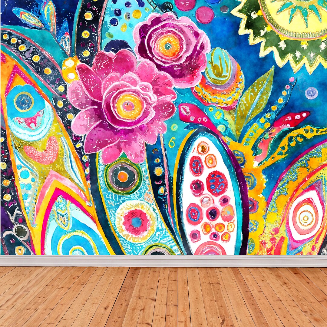 Pink Floral Wallpaper Mural Boho Peel and Stick Mural Wallpaper ...