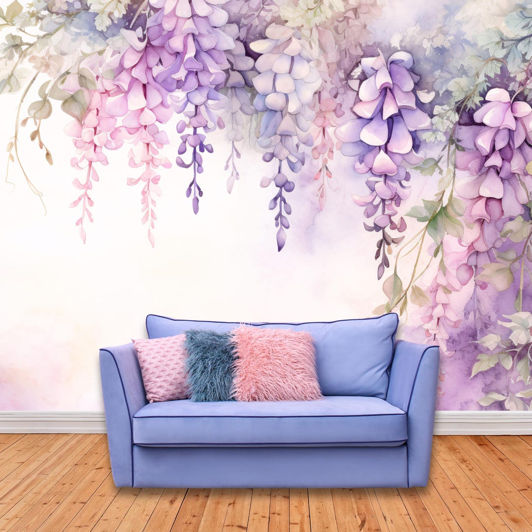 Hanging Wisteria Flower Wall Mural Wallpaper, Canvas Textured Vinyl ...
