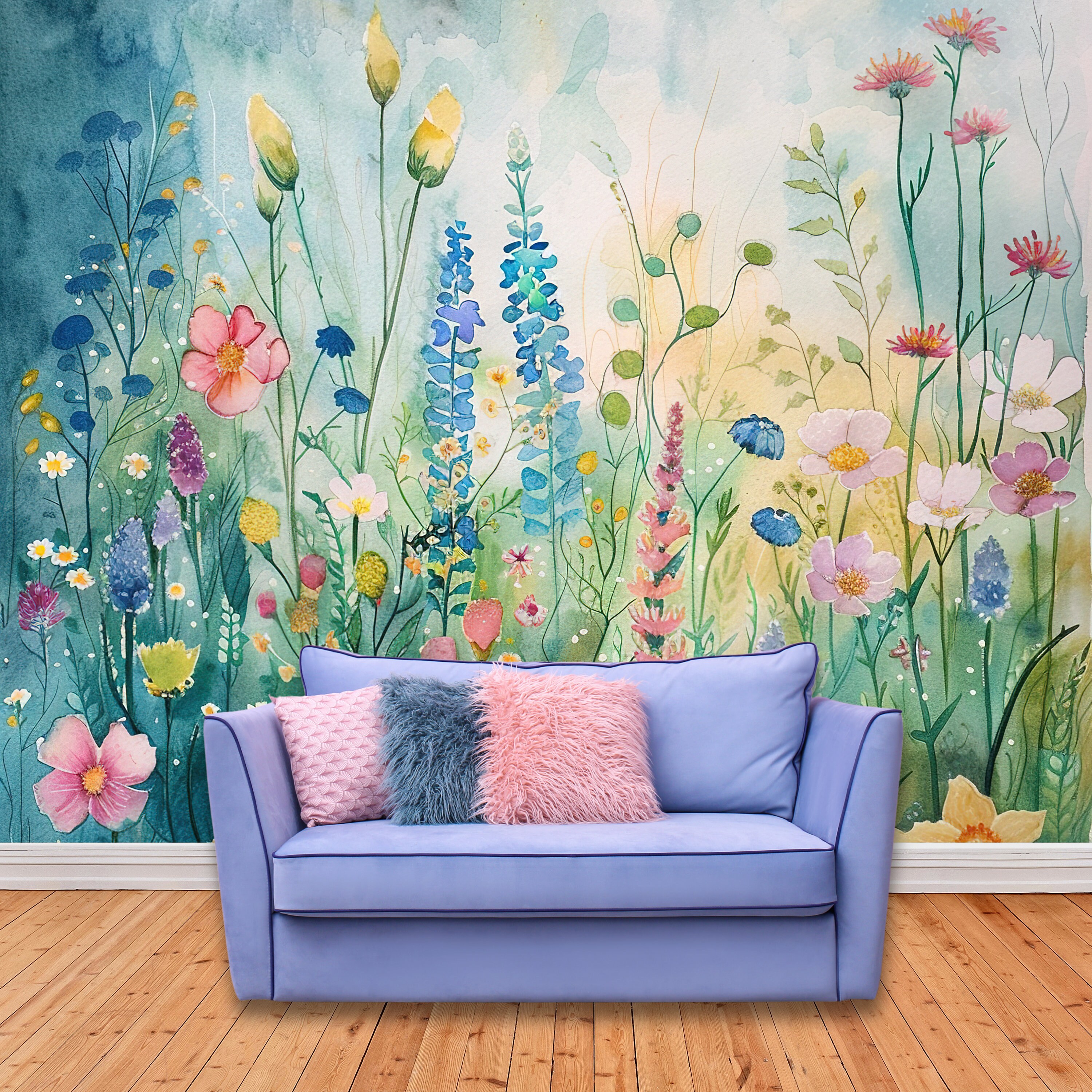 Boho Wildflower Wallpaper Mural Blue Floral Peel and Stick Mural ...
