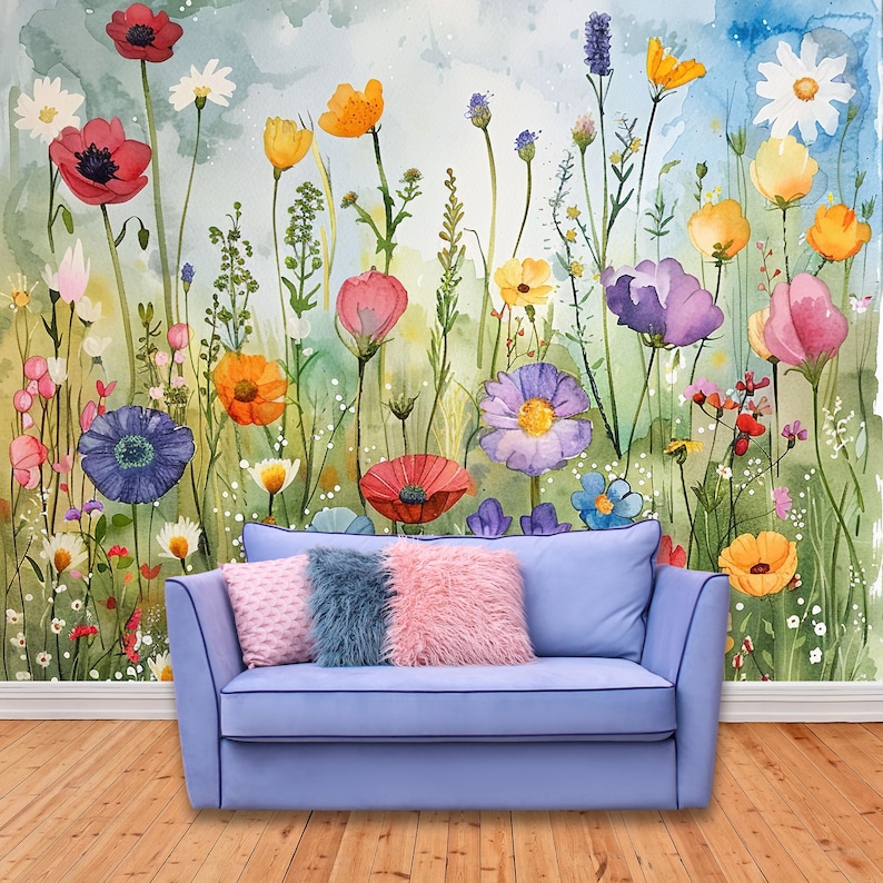 Boho Floral Wall Mural, Wildflower Mural Wallpaper, Canvas Textured ...