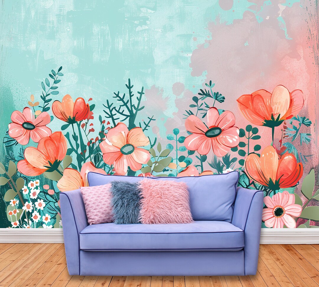Boho Wildflower Mural Wallpaper, Canvas Textured Vinyl Peel and Stick ...
