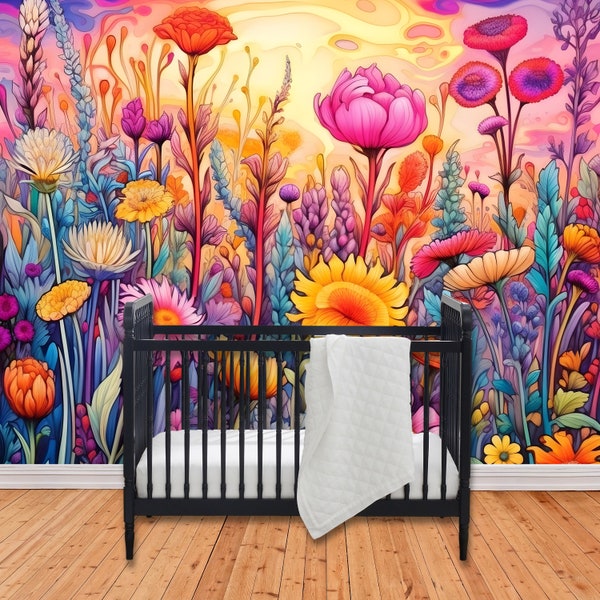 Wildflower Mural Peel and Stick Mural Wallpaper Bohemian Girl Room Wallpaper Mural Living Room Decor Boho Flower Wall Mural Nursery Wall Art