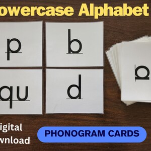May include: A set of lowercase alphabet phonogram cards with the letters p, b, qu, and d. The cards are white with black lettering and are arranged in a grid on a wooden surface. The text "PHONOGRAM CARDS" is printed in blue on a white rectangle.