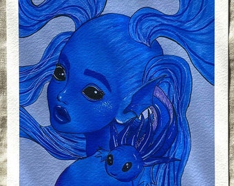 Blue Axolotl Girl Fine Art Print