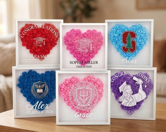 Personalized Graduation Rose Shadow Box，Custom Heart Flower Box with Name & School Logo, Class of 2026 Grad Gift, Optional LED Memory Frame