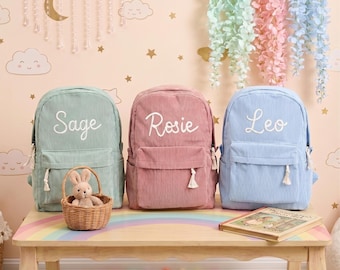 Personalized Corduroy Backpack: Embroidered Name School Bag for Kids，Back to School Gift for Boys & Girls