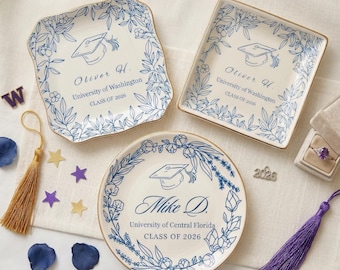 Custom Blue and White Porcelain Graduation Ring Dish: Personalized Name & University Plate