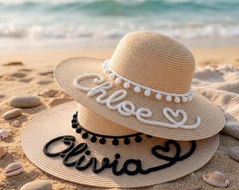 Custom Embroidered Straw Beach Hat, Personalized Floppy Sun Hat with Name, Vacation Gift.
