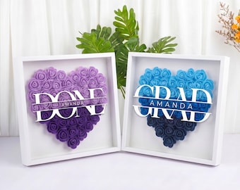 Gradient Rose Heart Shadow Box,Custom Name Flower Frame,Personalized Graduation Gift,Grad Keepsake Decor (LED Option)