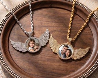 Custom Photo Angel Wings Necklace,Personalized Memorial Pendant,Gold Silver Rhinestone Chain,Family Portrait Keepsake Gift