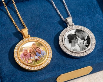 Custom Photo Necklace,Personalized Picture Pendant,Rhinestone Halo,Memorial Jewelry,Alloy Adjustable Chain,Mother Wife Gift