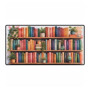 Colorful Bookshelf Desk Mat | Book Lover Desk Mat, Library Book Stack Mouse Pad