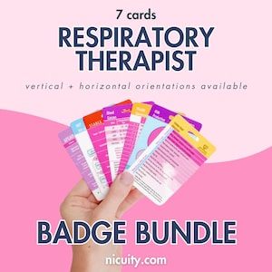 May include: A bundle of seven cards for a respiratory therapist. The cards are held in a hand and feature various medical information. The text on the cards includes "APGAR", "Blood Gases", and "Milk Production". The words "RESPIRATORY THERAPIST" and "BADGE BUNDLE" are also visible.