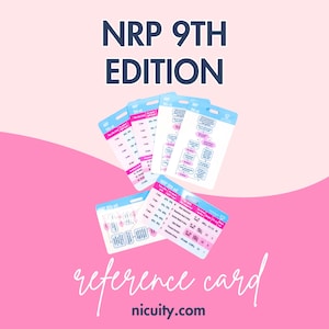 May include: A set of white reference cards for the NRP 9th Edition, featuring blue and pink accents with printed medical flowcharts, tables, and data. The cards are arranged in a fan-like display, showing various clinical guidelines and protocols.