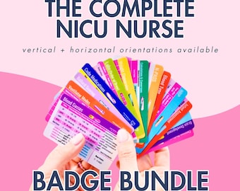 May include: A set of 14 colorful reference cards for NICU nurses, fanned out to display various medical topics including Blood Gasses, Ventilator Modes, and Code Medications. The cards feature text labels and data tables on a pink background with the text 14 cards THE COMPLETE NICU NURSE vertical + horizontal orientations available BADGE BUNDLE nicuity.com.