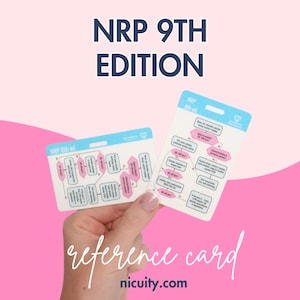 May include: Two white reference cards with blue and pink accents are held against a pink background. The cards display flowcharts and the text "NRP 9th EDITION" and "reference card". The website nicuity.com is also visible.