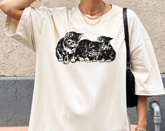 Vintage Kätzchen Tshirt / Meow Kitty Tierliebhaber neugierige Katze 9 Leben Storybook niedlich grafische Ästhetik / Comfort Colors® Unisex Geschenk-Shirt