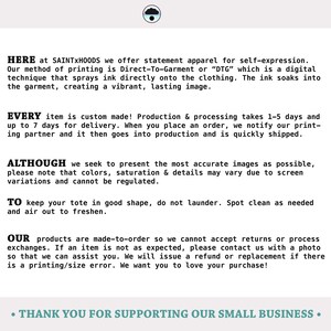 Puede incluir: Texto sobre un fondo blanco con texto negro que explica el proceso de impresi&oacute;n Direct-To-Garment y las pol&iacute;ticas de la empresa sobre devoluciones y cambios. El texto incluye la frase "GRACIAS POR APOYAR NUESTRO PEQUE&Ntilde;O NEGOCIO."