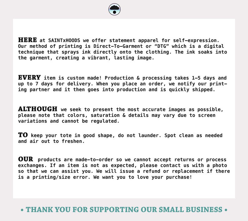 Puede incluir: Texto sobre un fondo blanco con texto negro que explica el proceso de impresi&oacute;n Direct-To-Garment y las pol&iacute;ticas de la empresa sobre devoluciones y cambios. El texto incluye la frase "GRACIAS POR APOYAR NUESTRO PEQUE&Ntilde;O NEGOCIO."