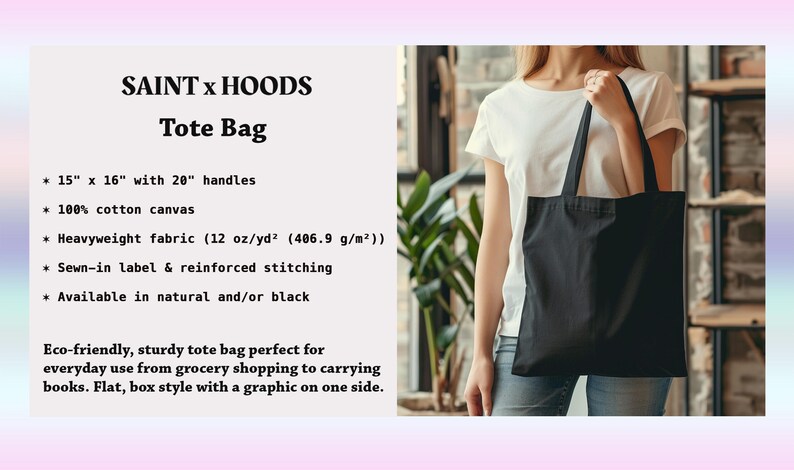 Puede incluir: Bolsa de tela negra hecha de 100% lona de algod&oacute;n con asas de 50 cm. La bolsa mide 38 cm por 40 cm y es de tela pesada. La bolsa es ecol&oacute;gica y resistente.
