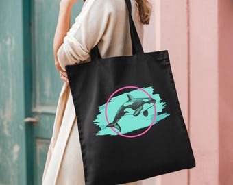 Retro Orca Tote / Save The Whales Ocean Nature Environment Conservation Vintage 90's Y2K Aesthetic / Eco-Friendly Canvas Everyday Gift Bag