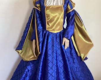 Elizabethan Renaissance Tudor Dress Gown & Hat Your Custom Size Choice of Busts 32&quot; - 44&quot;, Royal Blue Gold Medieval Dress Costume