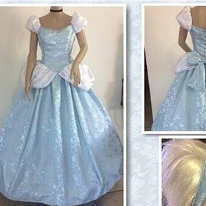 Enchanted Cinderella Ball Gown Dress & Headband, Adult, Custom Made to Your Size of Busts 32&quot; - 42&quot;, Blue and White Brocade, Fairytale