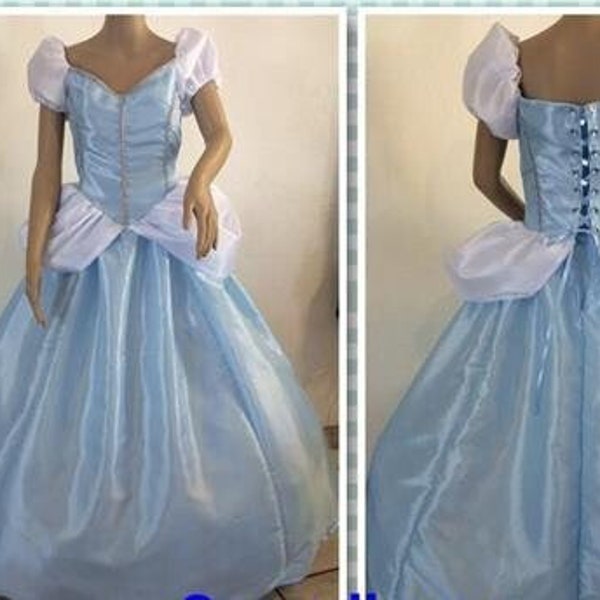 Cinderella Ball Gown Dress Deluxe, Adult Teen - Custom Made to Your Size of Busts 32" - 42", Blue White Taffeta