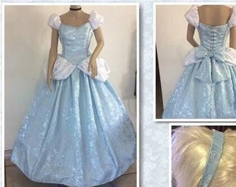 Enchanted Cinderella Ball Gown Dress & Headband, Adult, Custom Made to Your Size of Busts 32" - 42", Blue and White Brocade, Fairytale