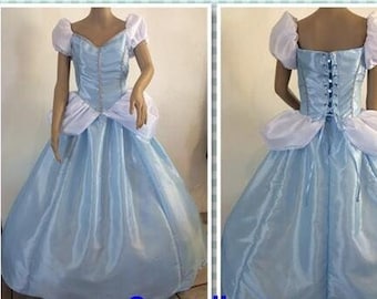 Cinderella Ball Gown Dress Deluxe, Adult Teen - Custom Made to Your Size of Busts 32" - 42", Blue White Taffeta