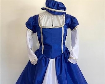 Elizabethan Dress Tudor Renaissance Juliet Dress Gown Hat Your Custom Size Choice of Busts 32&quot; - 46&quot;, Royal Blue White Medieval Dress