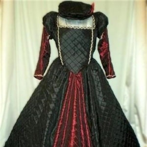 Elizabethan Tudor Renaissance Dress Gown & Hat Your Custom Size Choice of Busts 32&quot; - 46&quot;, Black Burgundy Medieval Dress Costume