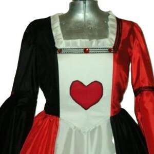 May include: A dress featuring a color-blocked design with a black right side and a red left side. The center panel is white and displays a large red heart appliqu&eacute;. The neckline is square with white ruffles and a trim accented by red beads.