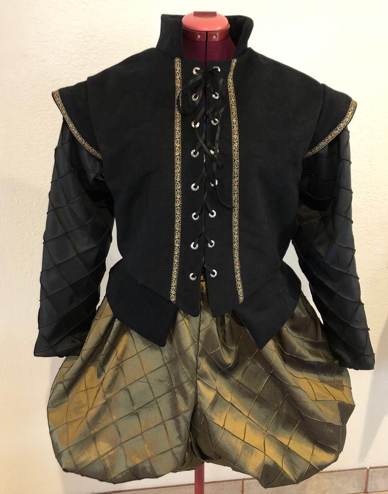 Elizabethan Renaissance Tudor Shakespearean Doublet Slops/Breeches, Your Custom Size Choice S - XL, Black and Green