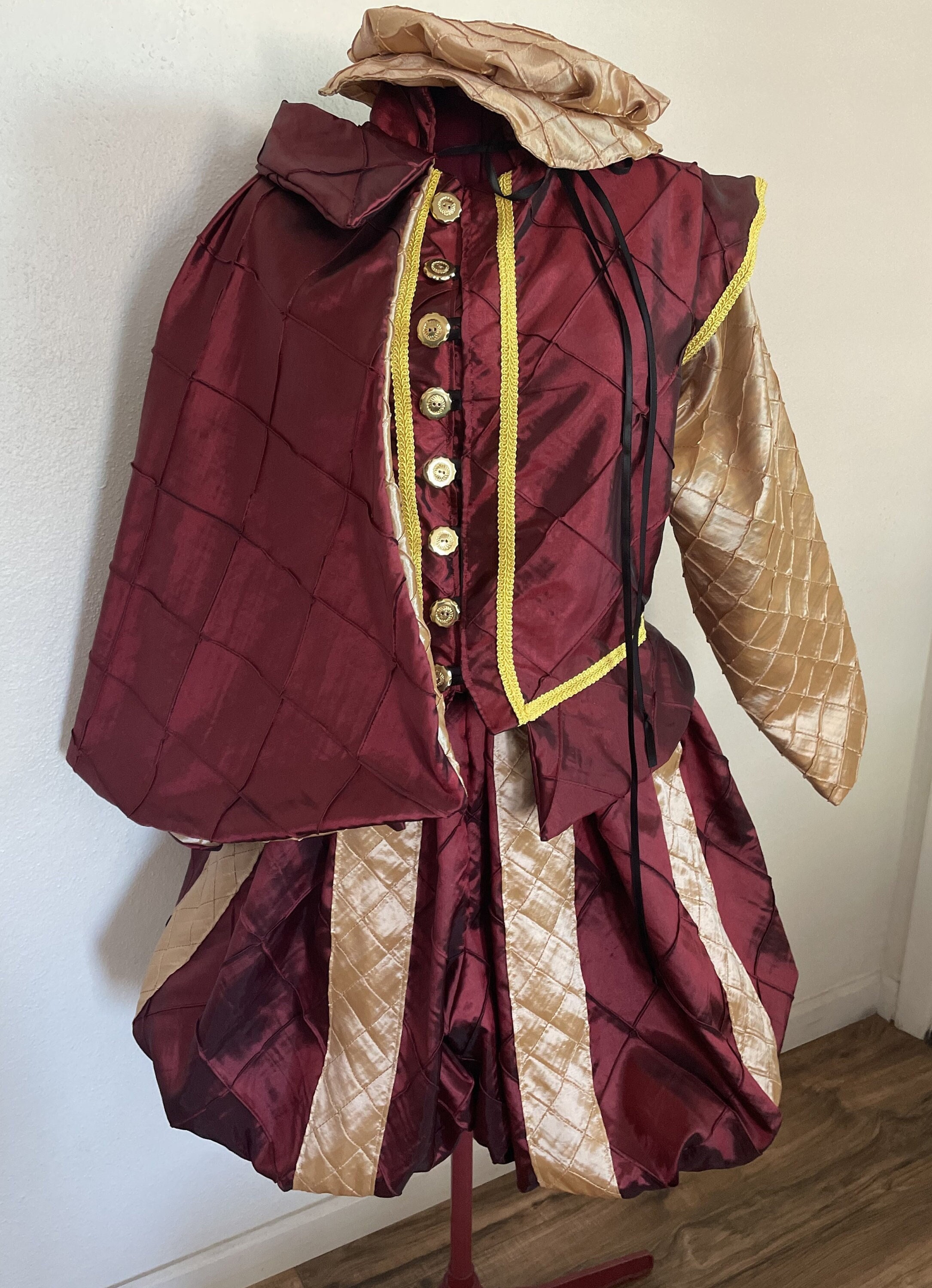 Elizabethan Tudor Renaissance Shakespearean Cape, Doublet, Slops & Hat, 4 Piece Your Size Choice, Med - XL, Custom Made, Burgundy Gold