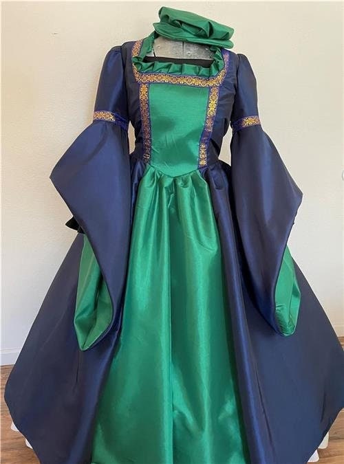 Tudor Dress Anne Boleyn Dress Renaissance Dress Gown Hat Your Custom Size Choice of Busts 32" - 44", Blue Green Medieval Dress