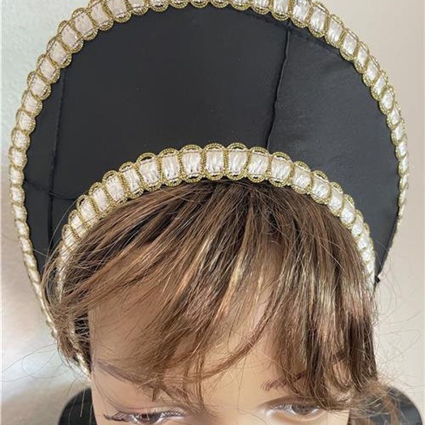 Black Tudor French Hood Renaissance Anne Boleyn Headpiece Hat, Black, Ready Made