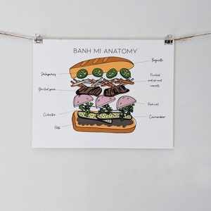 May include: A colorful illustration of a Vietnamese Banh Mi sandwich, showing the different ingredients, including a baguette, pickled radish and carrots, pork roll, cucumber, cilantro, pate, jalapeños, and grilled pork.