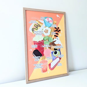 May include: A colorful illustration of various food items from Disney theme parks. The image features a Mickey Mouse glove chicken bao, curry popcorn, a Nien Mochi, a Baymax chicken curry, a sea salt ice cream, a tiramisu ice cream sandwich, an orange and strawberry sparkling drink, and a wiws bun.