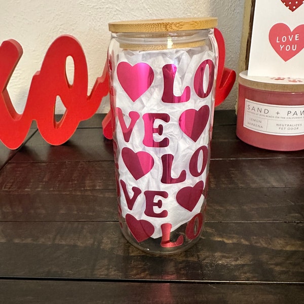 Valentine’s, Hot Pink, Chrome, Nothing But Love, Heart, Mason Jar Glass Tumbler