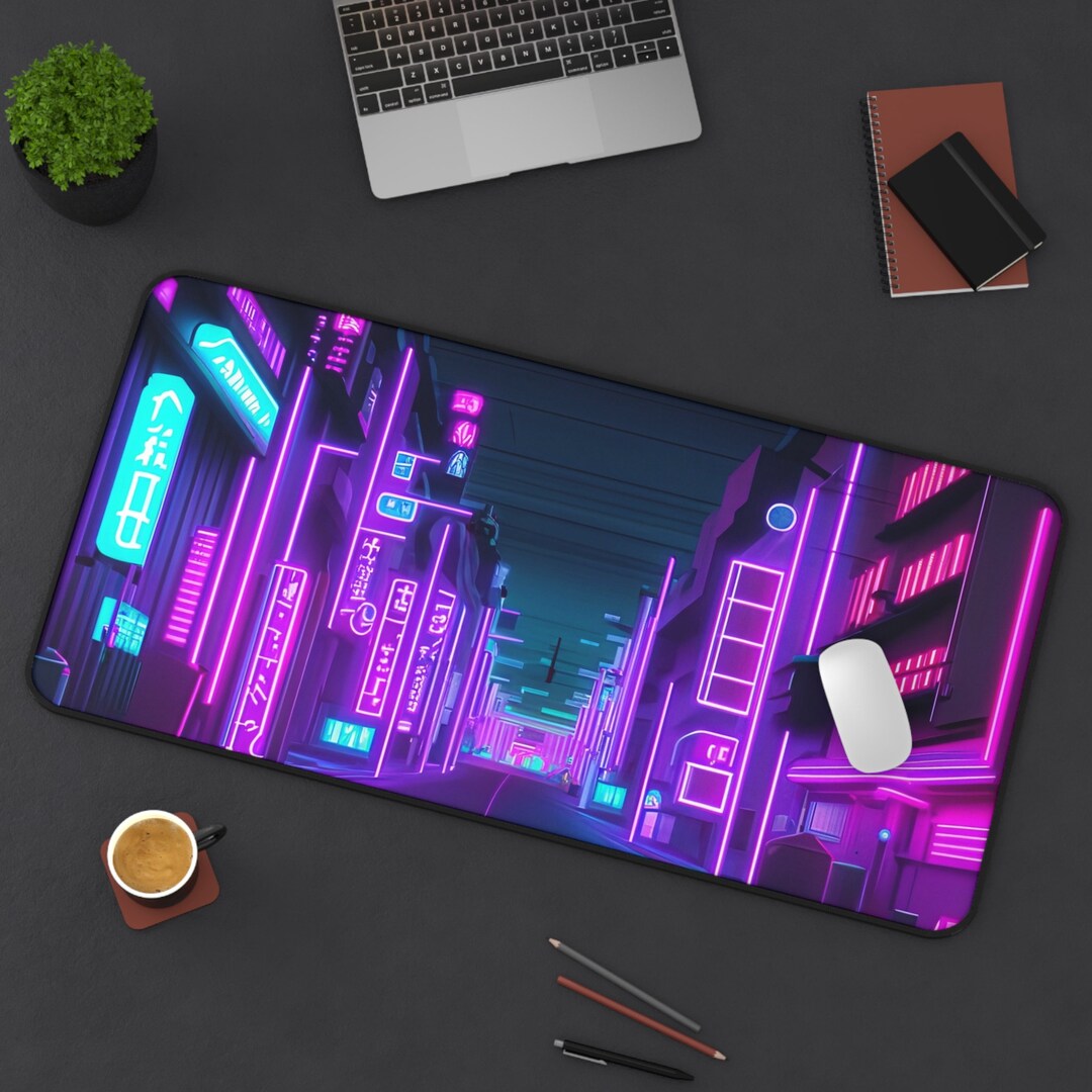 Neon City Desk Mat Aesthetic, Blue Desk Mat, Deskmat for Gamers, XL