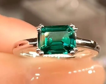 Green Emerald Cut Moissanite East West Engagement Ring Solitaire Wedding and Anniversary Ring for Wife