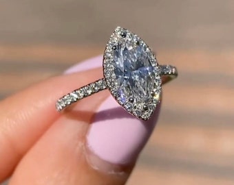 Marquise Cut Halo Moissanite Engagement Ring with Pave Set Side Stones / 2ct Moissanite Promise Ring in Silver, 10/14/18K Solid Gold
