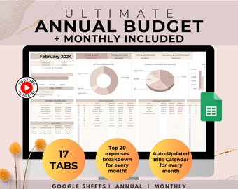 The Ultimate Annual Monthly Budget Spreadsheet Planner, Google Sheets Spreadsheet Template, Expense Tracker, Digital Budget Planner