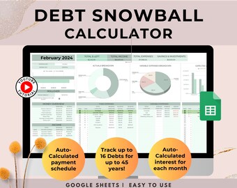 Skuldsnöbollskalkylator, kalkylblad Google Sheets, Microsoft Excel-mall, digital skuldbetalningsspårare, skuldavbetalning
