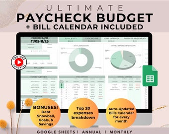 Salarisbudgetspreadsheet, Google Spreadsheets-budgetsjabloon, tweewekelijks, wekelijkse budgetplanner, schuldensneeuwbal, zinkende fondsen, financiële planner
