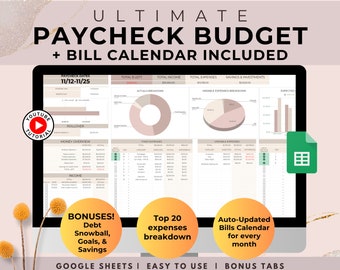 Salarisbudgetspreadsheet, Google Spreadsheets-budgetsjabloon, tweewekelijks, wekelijkse budgetplanner, schuldensneeuwbal, zinkende fondsen, financiële planner
