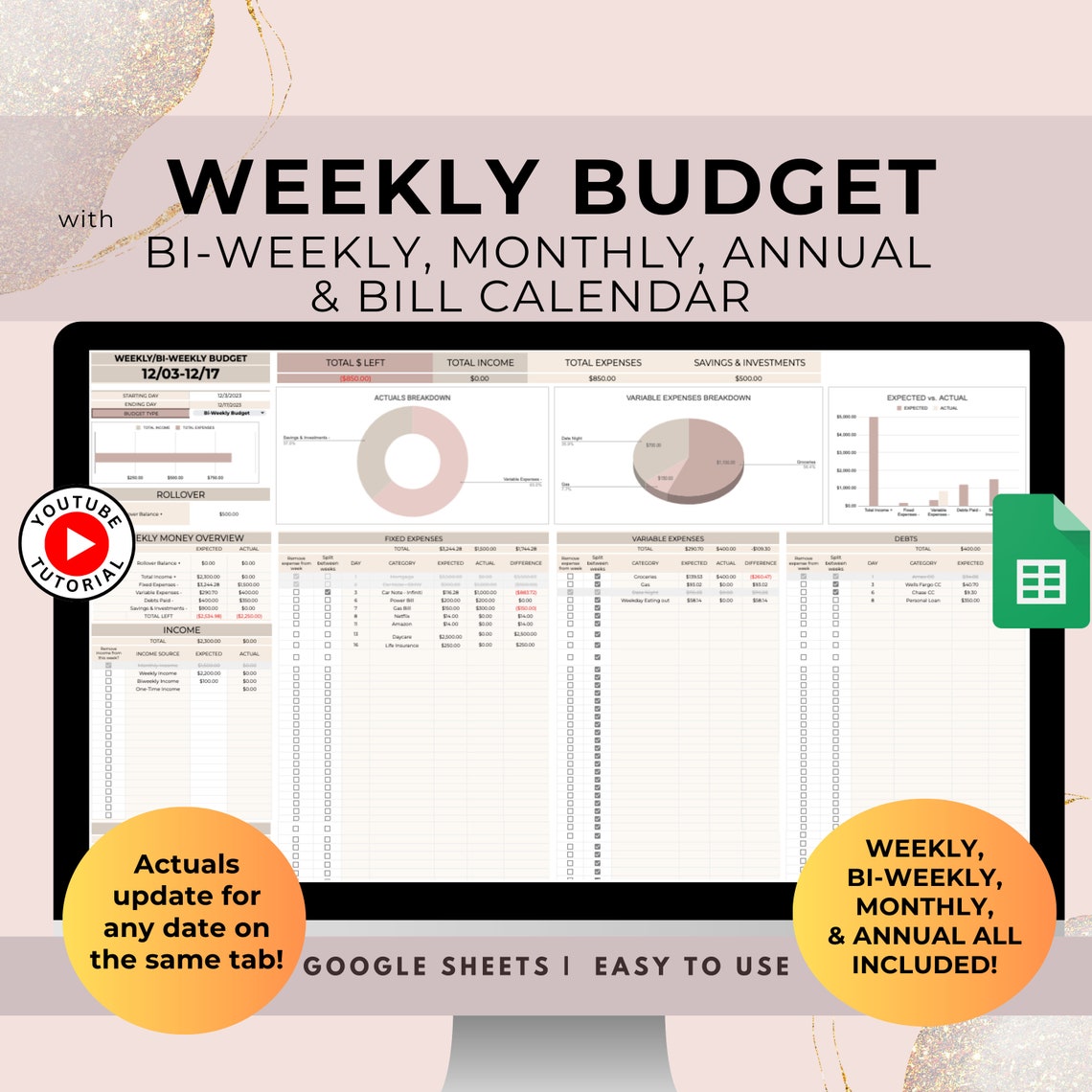 Weekly, Bi-weekly, Monthly Budget Spreadsheet Planner, Google Sheets ...