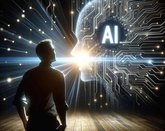 May include: A silhouette of a person standing in front of a glowing digital representation of a human head with the word "AI" in the center. The head is made up of circuit board patterns and is surrounded by a bright light.